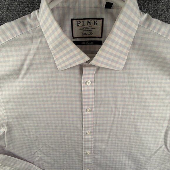 Thomas Pink Long Sleeve Button Up Shirt Pink Blue Check Traveller Slim 17.5 37 - Picture 1 of 16